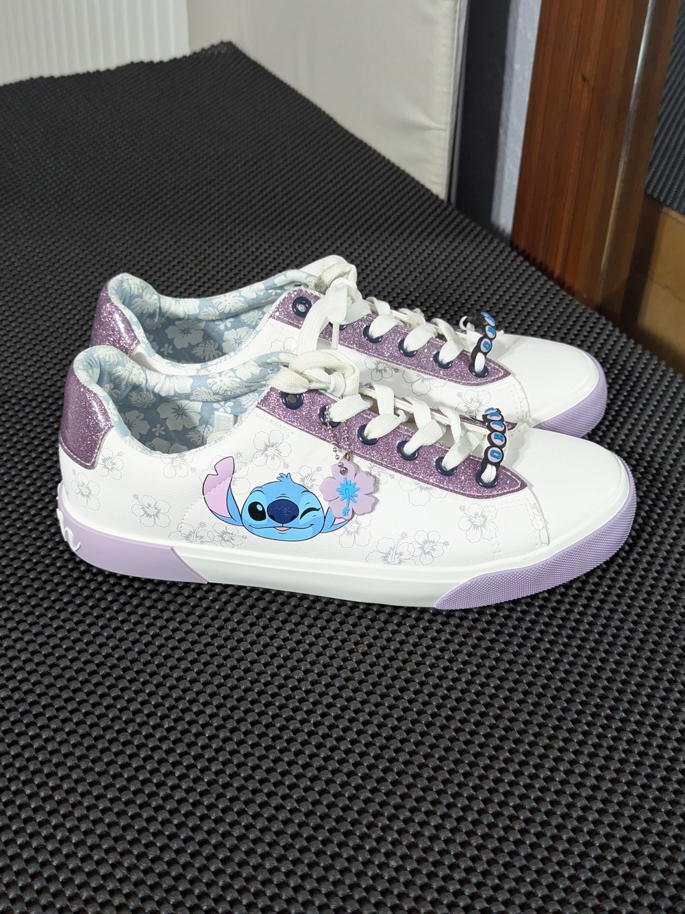 Disney White & Lavender Stitch Glitter Accent Kids Sneakers